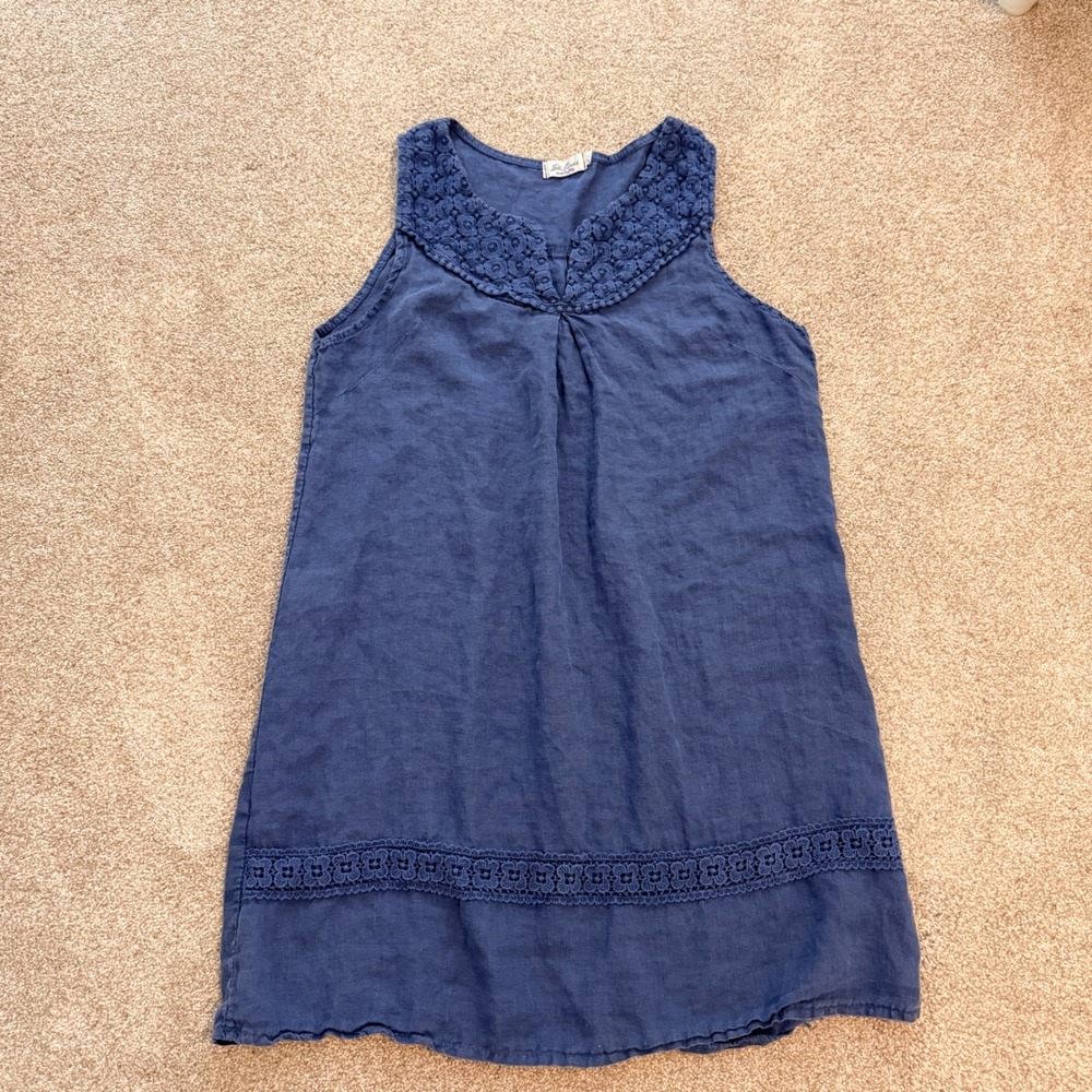 Blue Orchid Linen Shift Dress Womens Medium Blue Crochet Lace Made in Italy